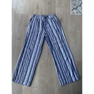 Briggs Women's Small Linen Blend Pull on Pants Gray & White Stripe Elastic Waist